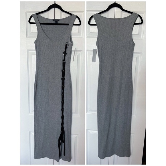 French Connection Tommy Grey Ribbed Lace Up Side Bodycon Midi Dress Size Large - Picture 2 of 3